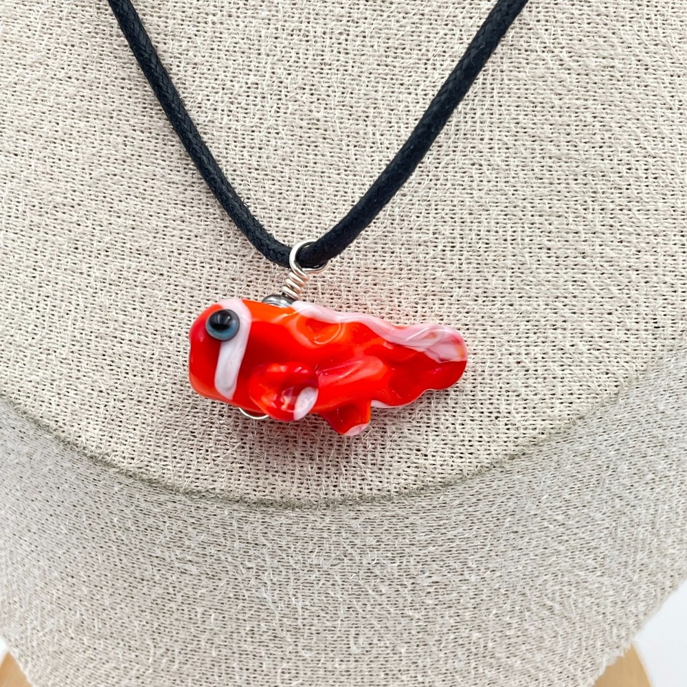 Vintage Clownfish Glass Pendant Necklace Adjustable Black Cord Nautical Ocean